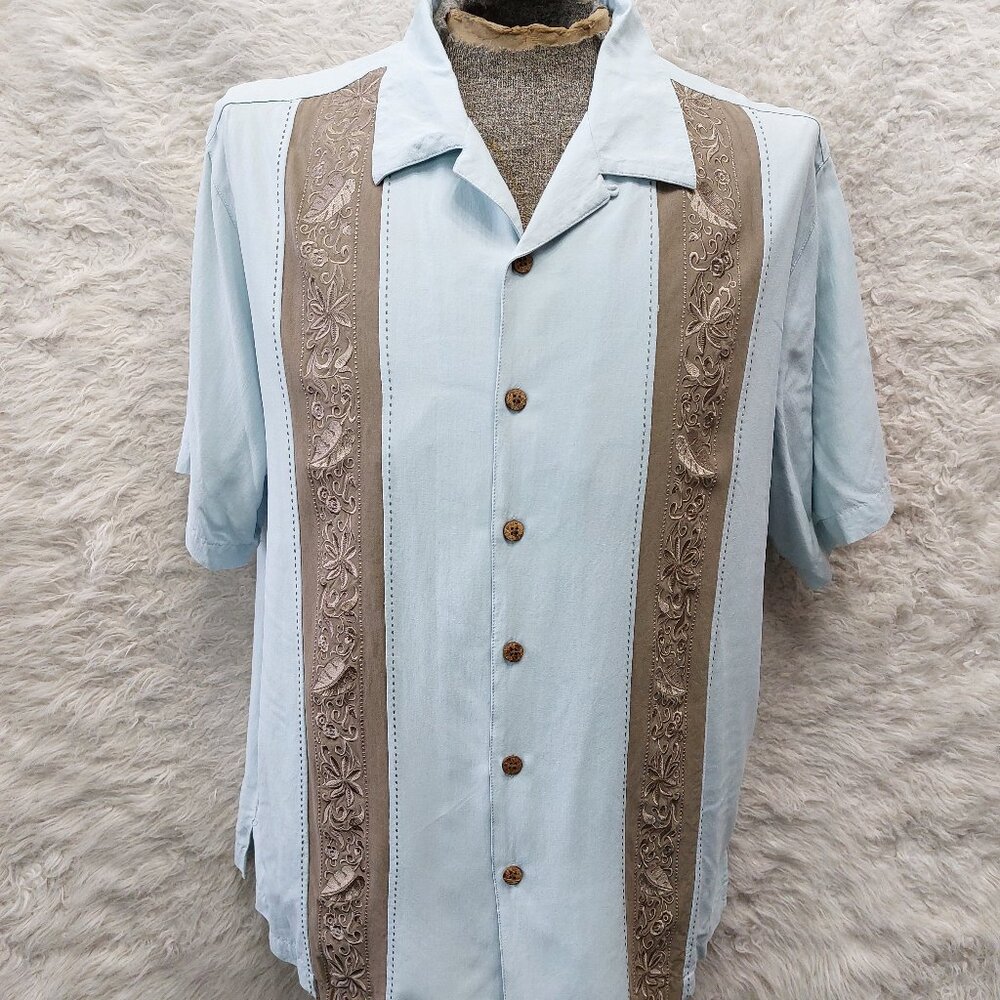 Caribbean Hawaiian Shirt Mens Silk Blend Blue Embroidered Camp Tropical XL